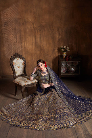 Demanding Navy Blue Sequins Raw Silk Wedding Lehenga Choli ClothsVilla