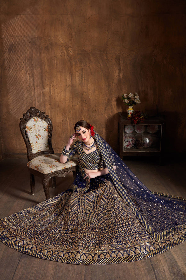 Demanding Navy Blue Sequins Raw Silk Wedding Lehenga Choli ClothsVilla