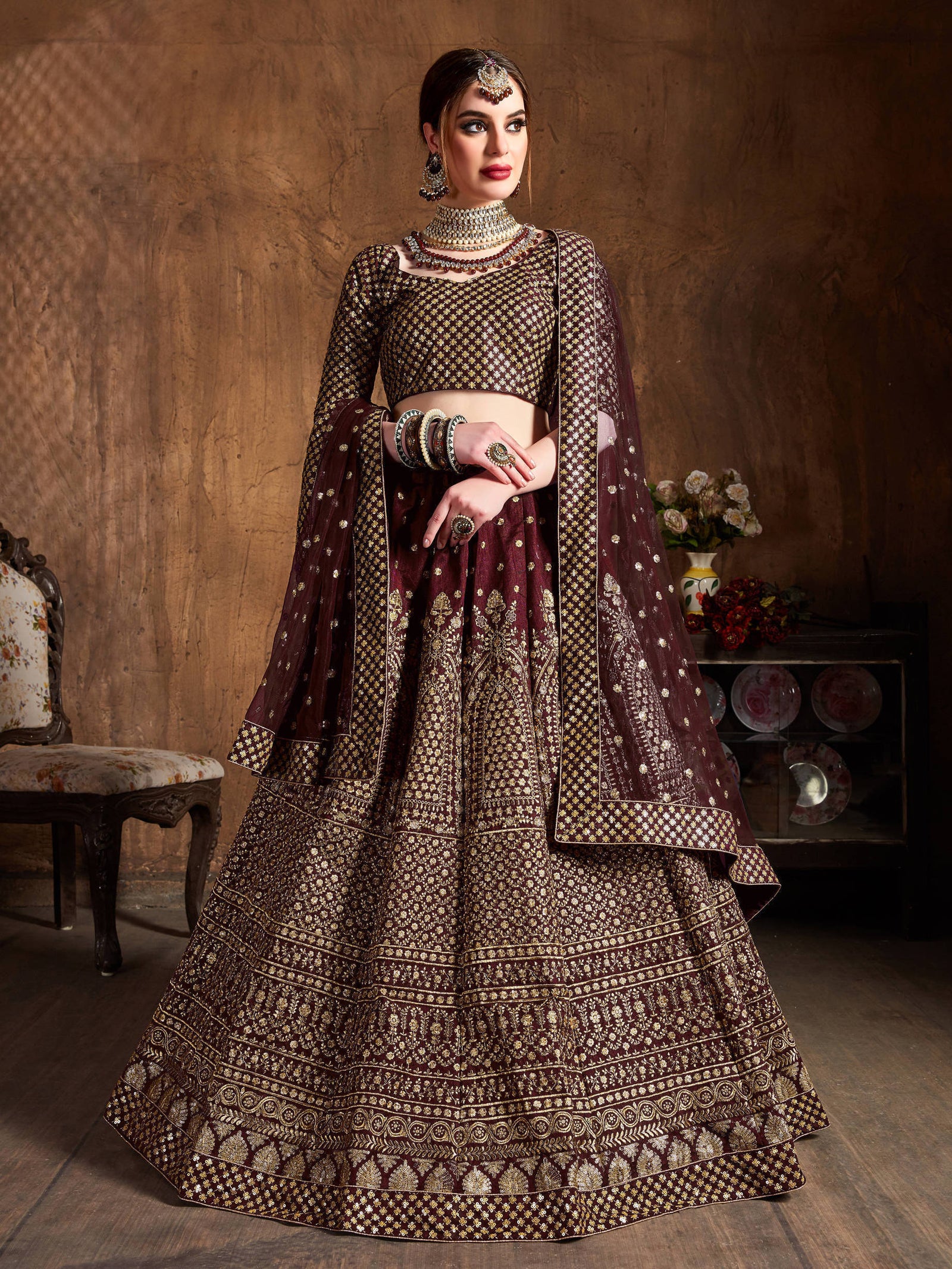 Desirable Maroon Sequins Raw Silk Wedding Lehenga Choli ClothsVilla
