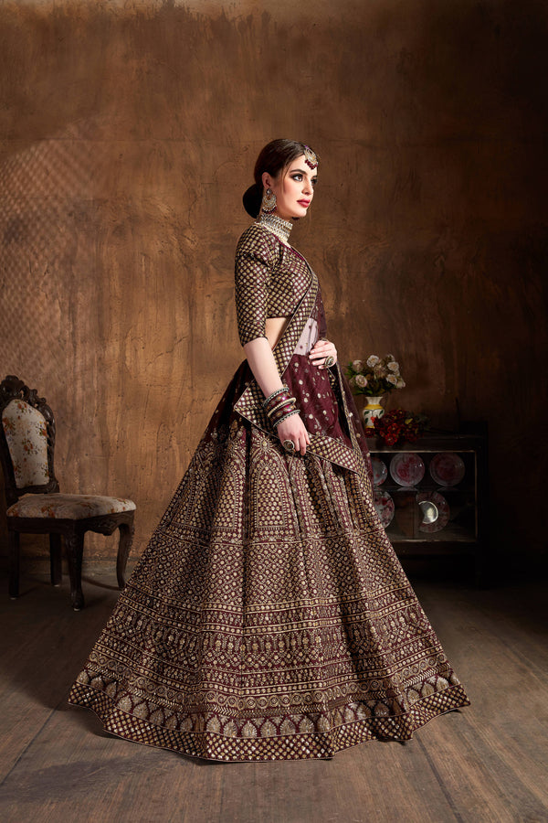 Desirable Maroon Sequins Raw Silk Wedding Lehenga Choli ClothsVilla