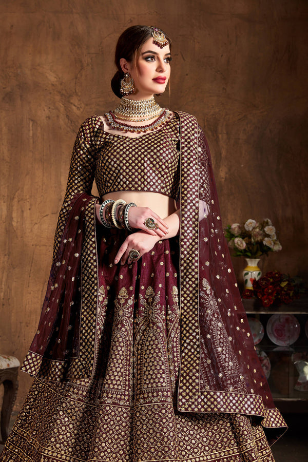 Desirable Maroon Sequins Raw Silk Wedding Lehenga Choli ClothsVilla