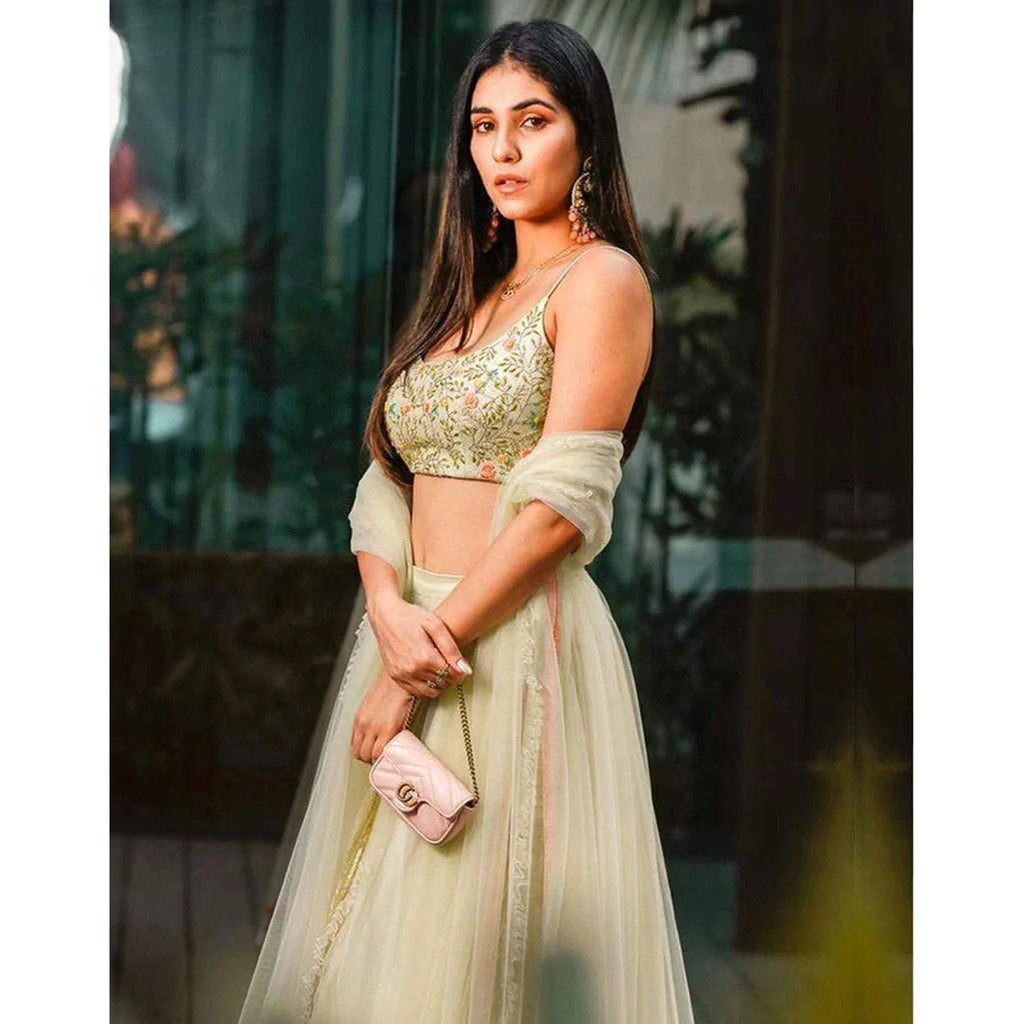 Designer Classy Mint Green Resham Soft Net Lehenga Choli with Embroidery Blouse ClothsVilla