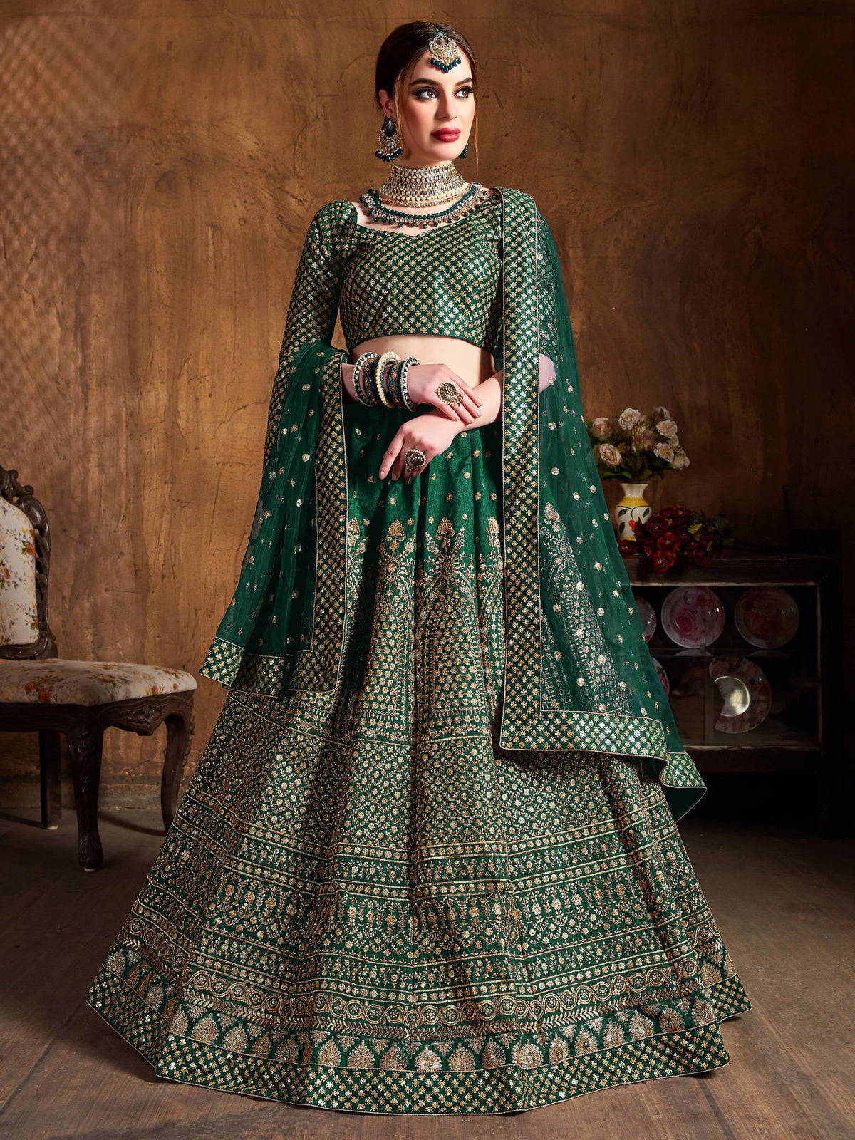Dazzling Bottle Green Sequins Raw Silk Wedding Lehenga Choli ClothsVilla Main image