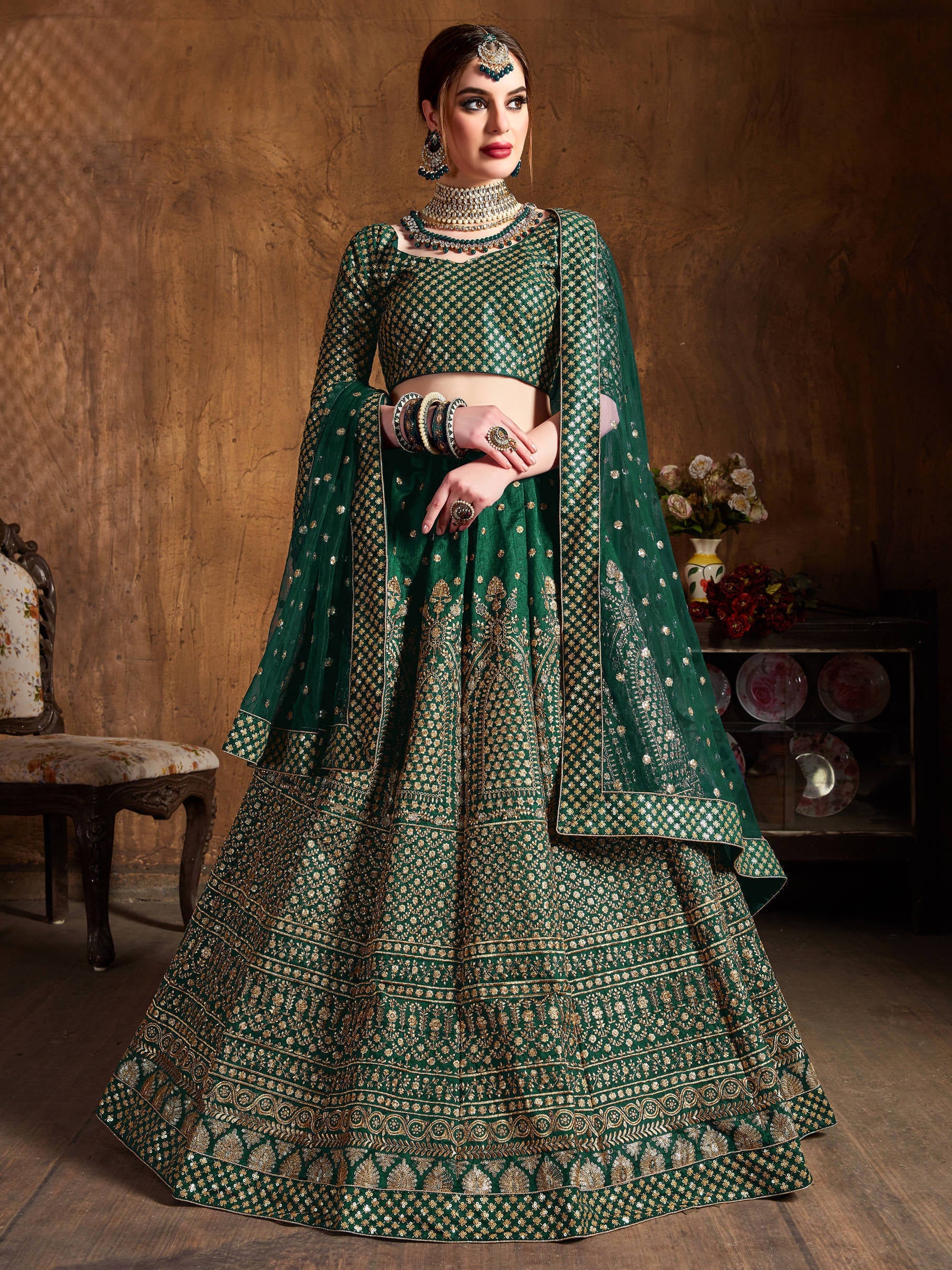 Dazzling Bottle Green Sequins Raw Silk Wedding Lehenga Choli ClothsVilla Main image