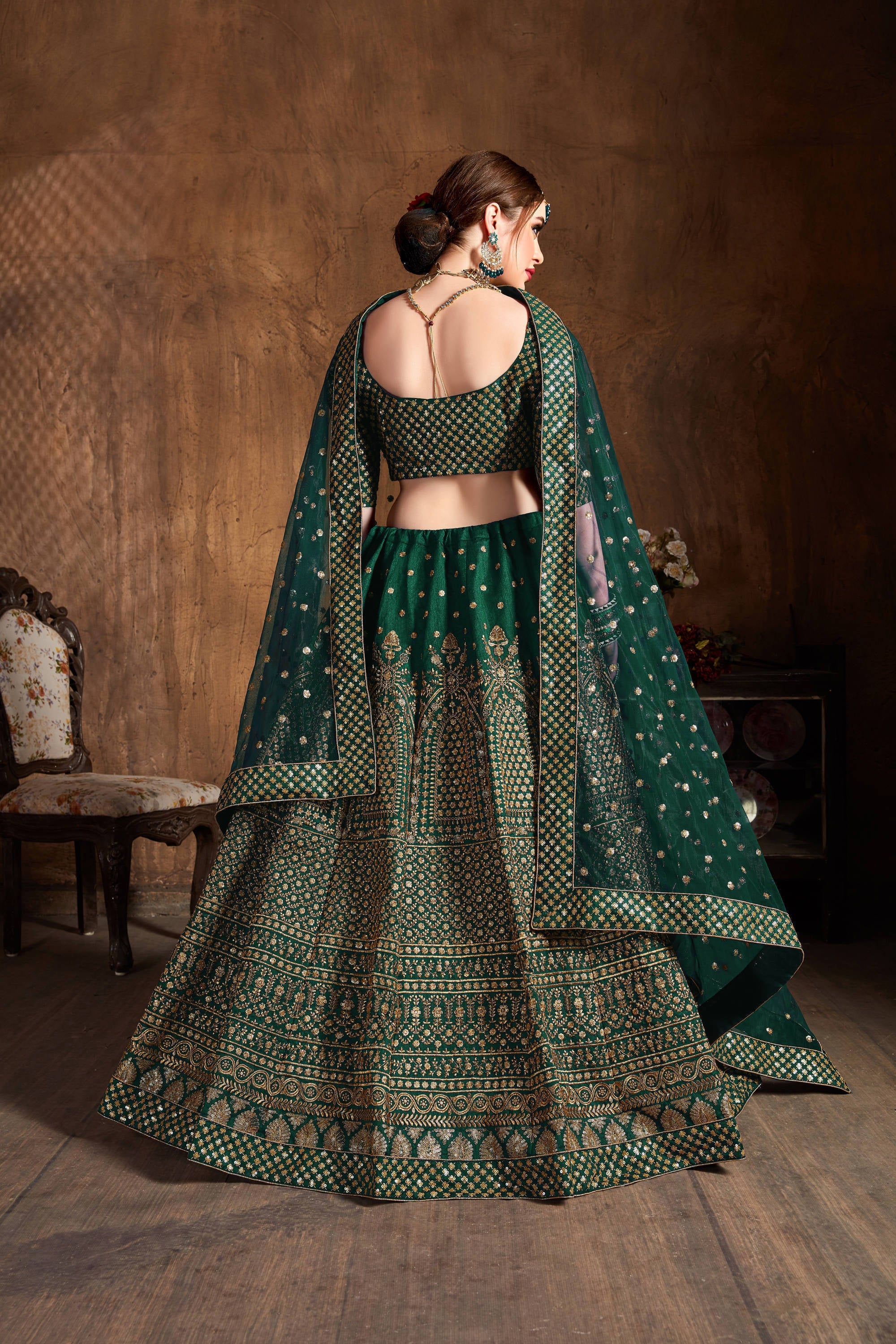 Dazzling Bottle Green Sequins Raw Silk Wedding Lehenga Choli Secondary image