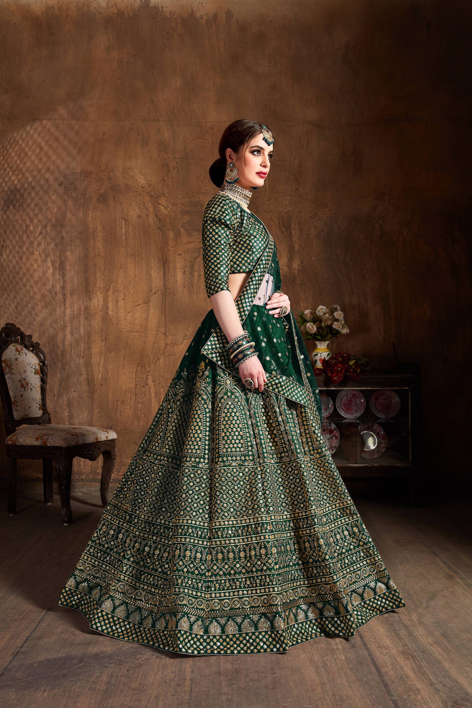 Dazzling Bottle Green Sequins Raw Silk Wedding Lehenga Choli ClothsVilla