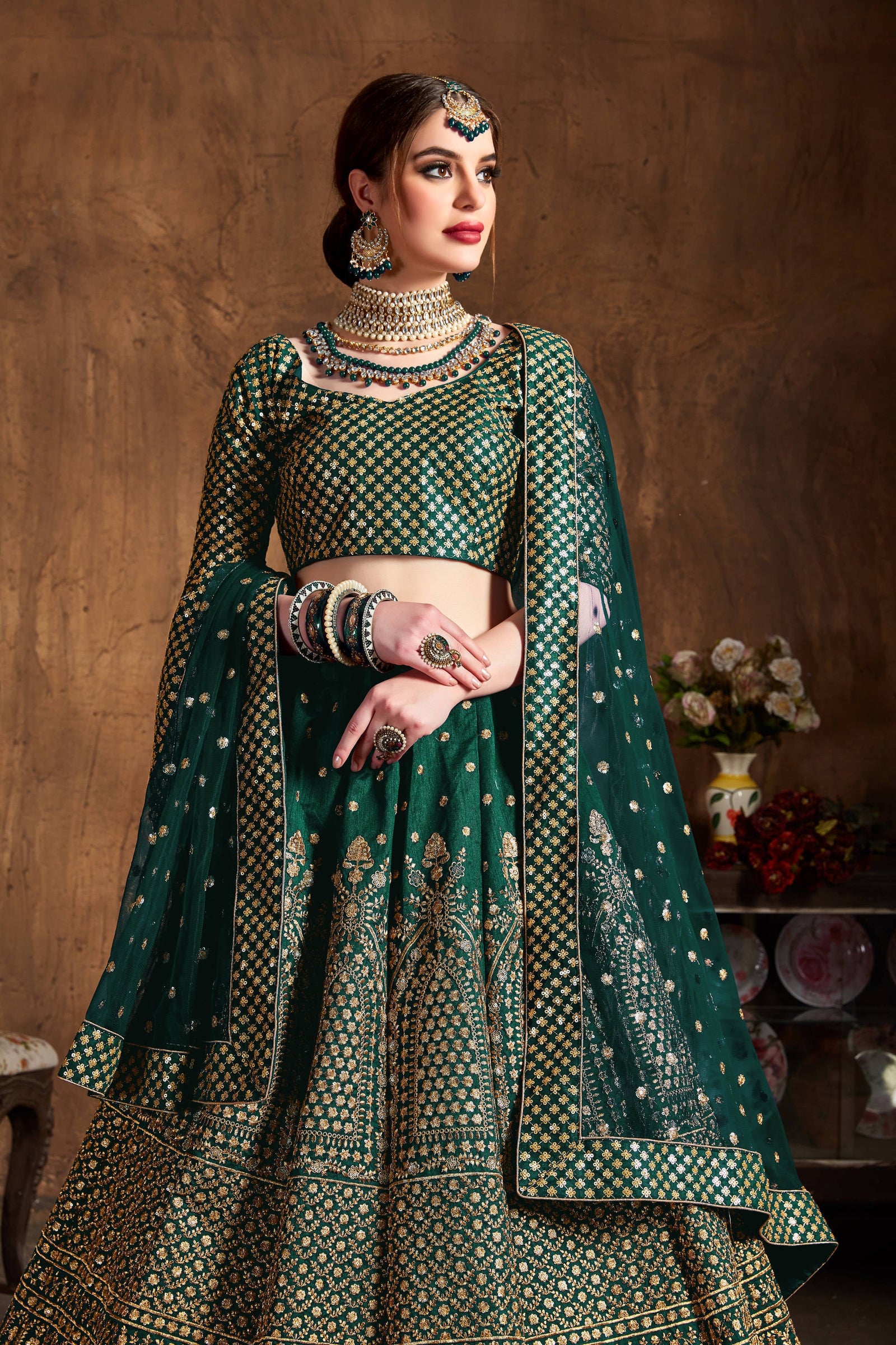 Dazzling Bottle Green Sequins Raw Silk Wedding Lehenga Choli ClothsVilla