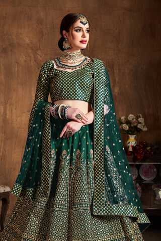 Dazzling Bottle Green Sequins Raw Silk Wedding Lehenga Choli ClothsVilla