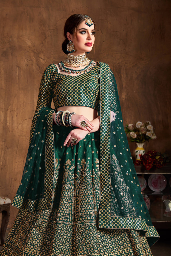 Dark Green Taffeta Satin Silk Wedding Lehenga – Gunj Fashion