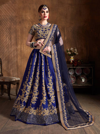 Hypnotic Navy Blue Dori Embroidery Raw Silk Wedding Lehenga Choli ClothsVilla