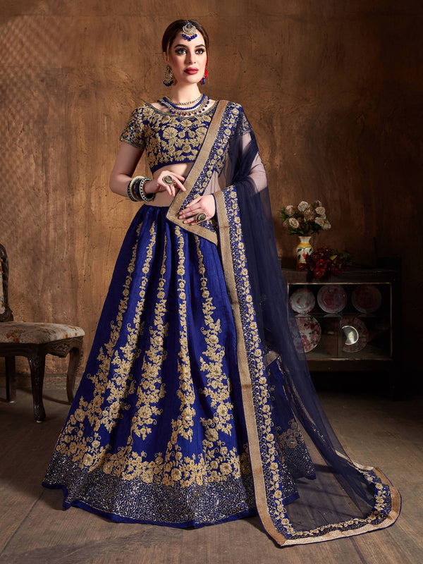 Hypnotic Navy Blue Dori Embroidery Raw Silk Wedding Lehenga Choli ClothsVilla