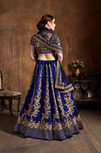 Hypnotic Navy Blue Dori Embroidery Raw Silk Wedding Lehenga Choli ClothsVilla