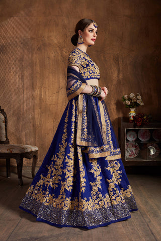 Hypnotic Navy Blue Dori Embroidery Raw Silk Wedding Lehenga Choli ClothsVilla