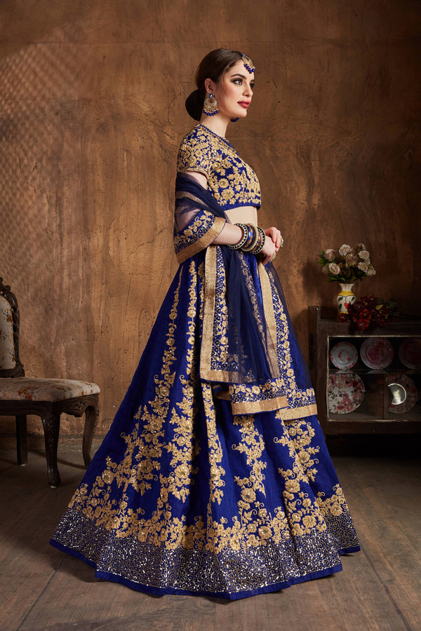 Hypnotic Navy Blue Dori Embroidery Raw Silk Wedding Lehenga Choli ClothsVilla