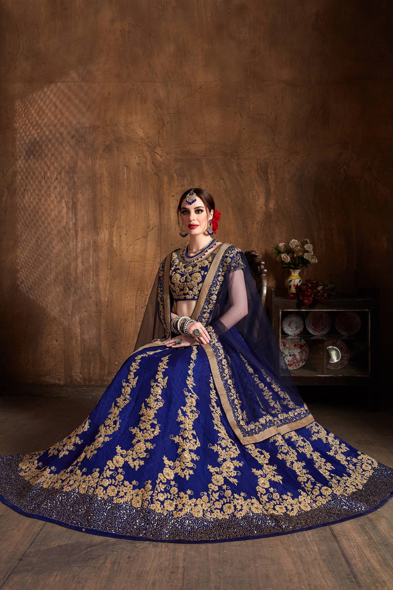 Hypnotic Navy Blue Dori Embroidery Raw Silk Wedding Lehenga Choli ClothsVilla
