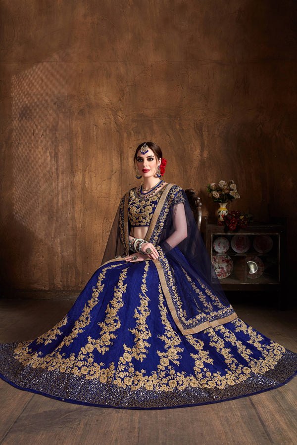 Hypnotic Navy Blue Dori Embroidery Raw Silk Wedding Lehenga Choli ClothsVilla