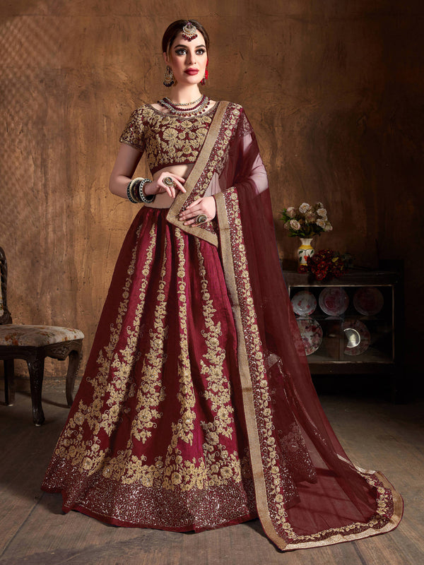 Impressive Maroon Dori Embroidery Raw Silk Wedding Lehenga Choli ClothsVilla