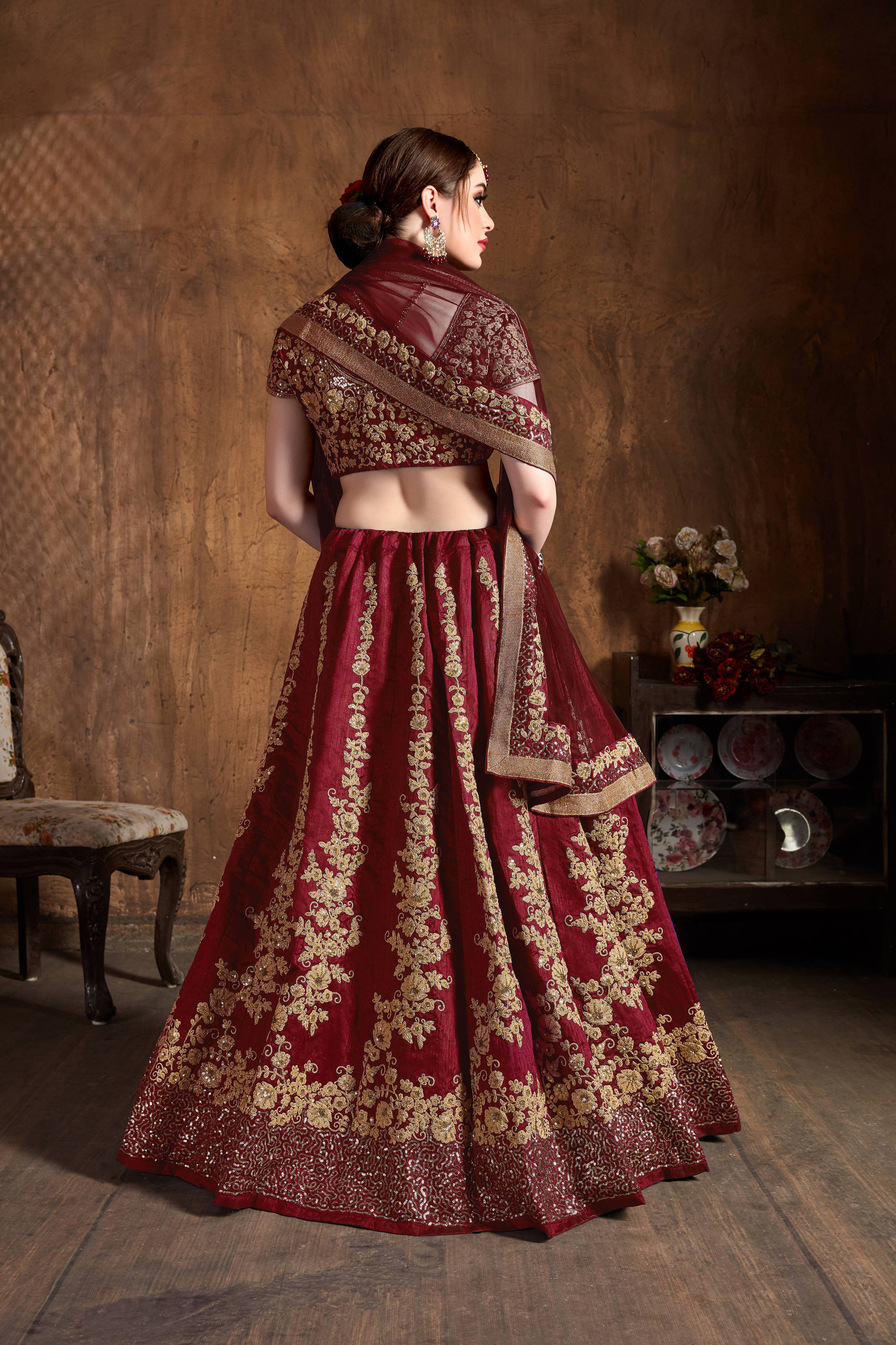Impressive Maroon Dori Embroidery Raw Silk Wedding Lehenga Choli Secondary image