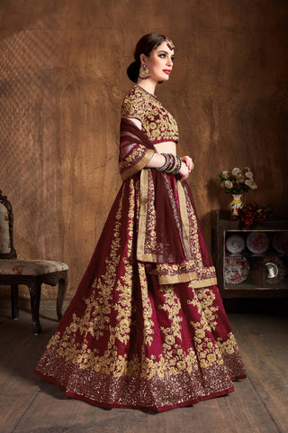 Impressive Maroon Dori Embroidery Raw Silk Wedding Lehenga Choli ClothsVilla