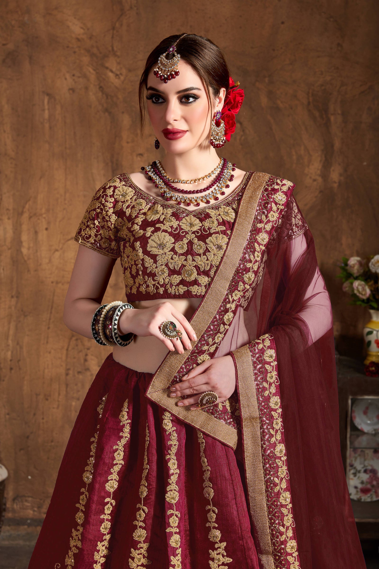 Impressive Maroon Dori Embroidery Raw Silk Wedding Lehenga Choli ClothsVilla