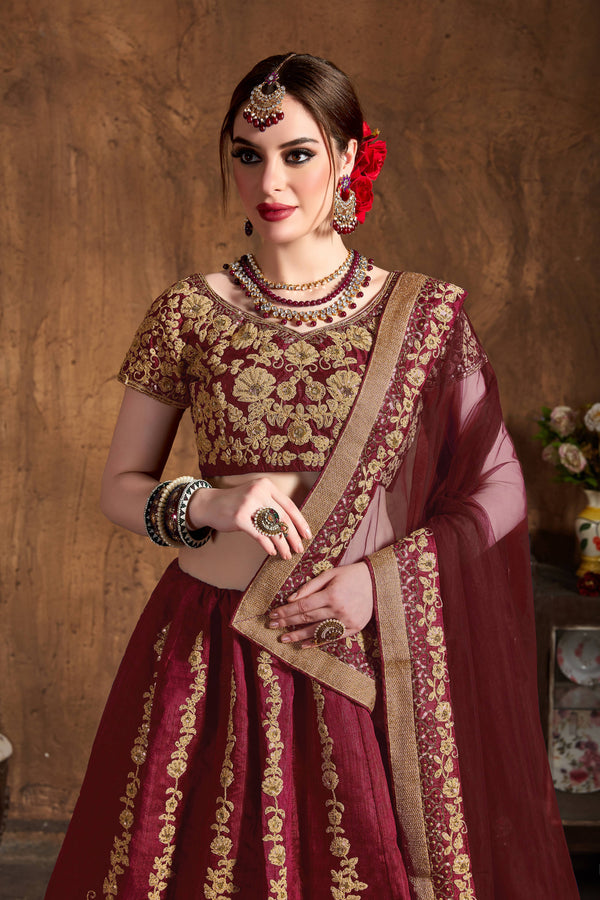 Impressive Maroon Dori Embroidery Raw Silk Wedding Lehenga Choli ClothsVilla