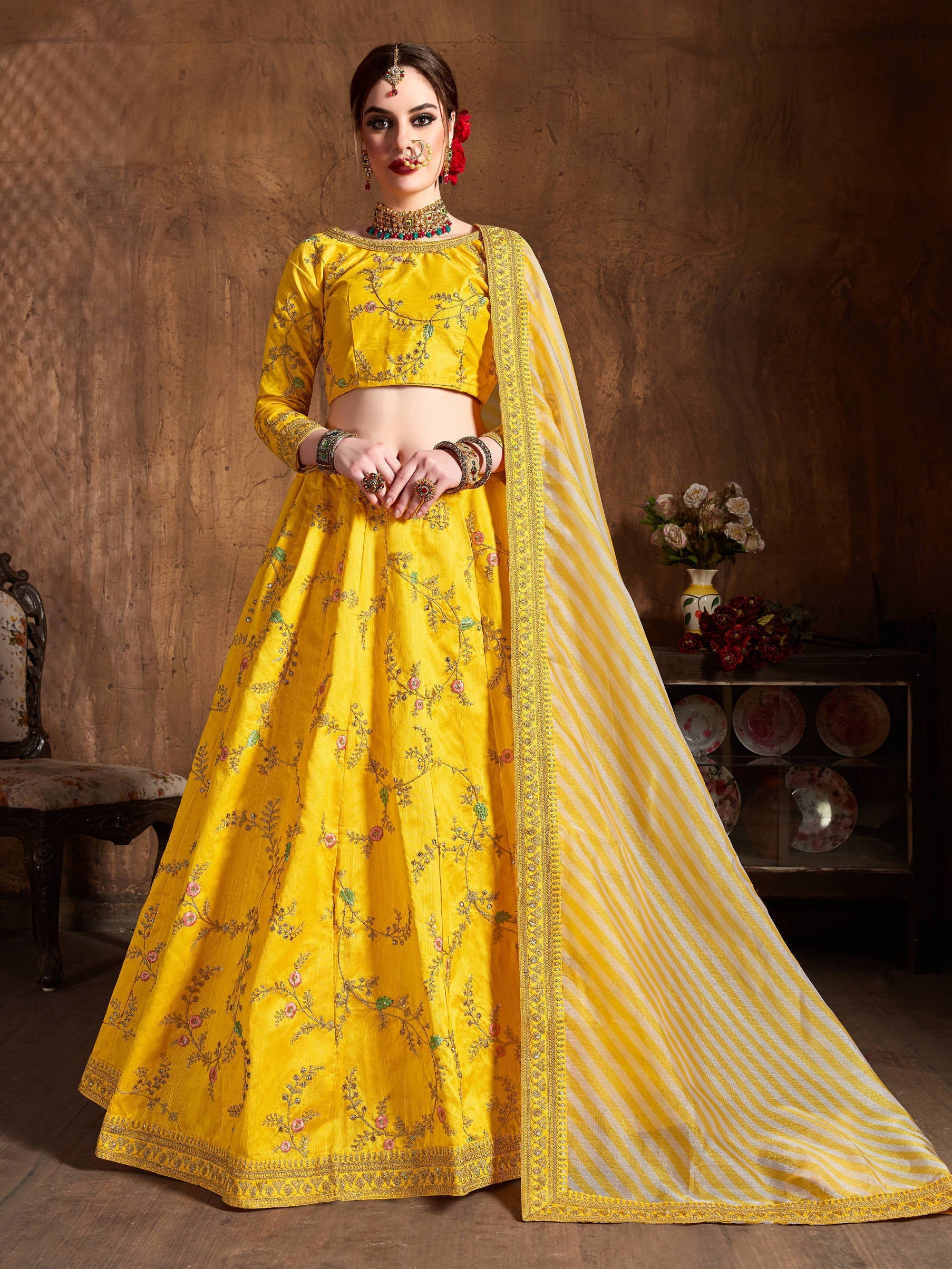 Glowing Yellow Thread Embroidery Mulberry Silk Wedding Lehenga Choli ClothsVilla Main image