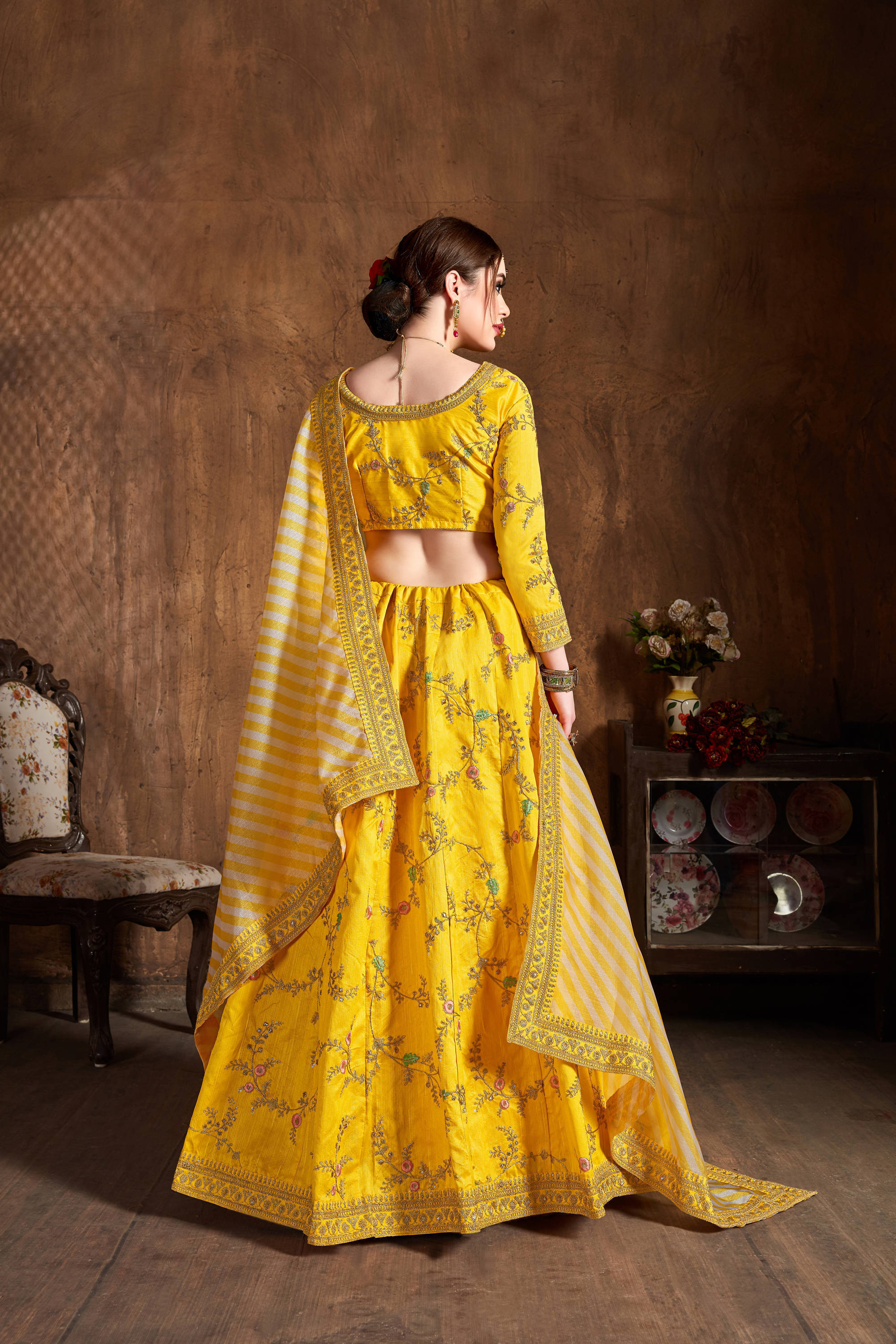 Glowing Yellow Thread Embroidery Mulberry Silk Wedding Lehenga Choli Secondary image