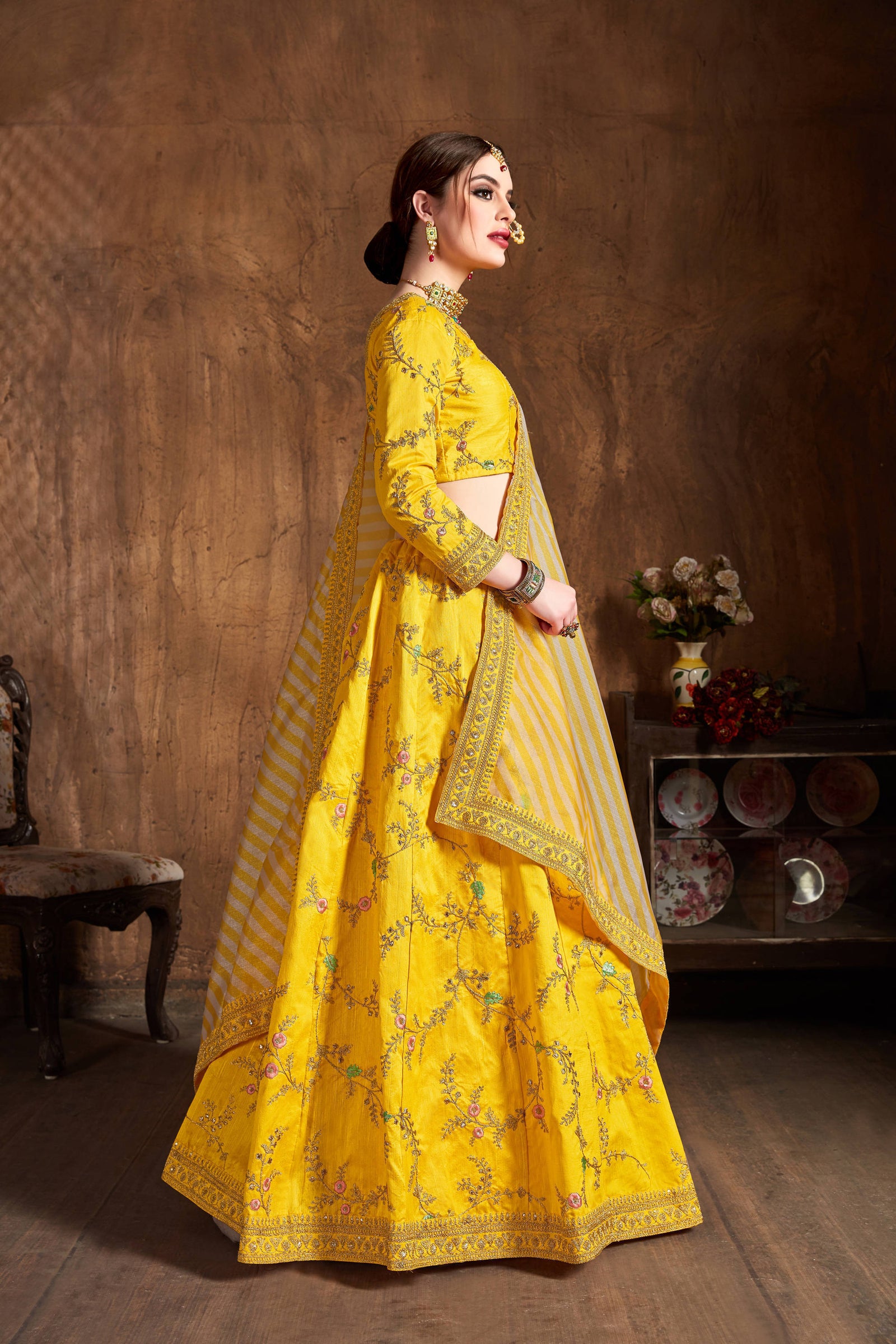 Glowing Yellow Thread Embroidery Mulberry Silk Wedding Lehenga Choli ClothsVilla