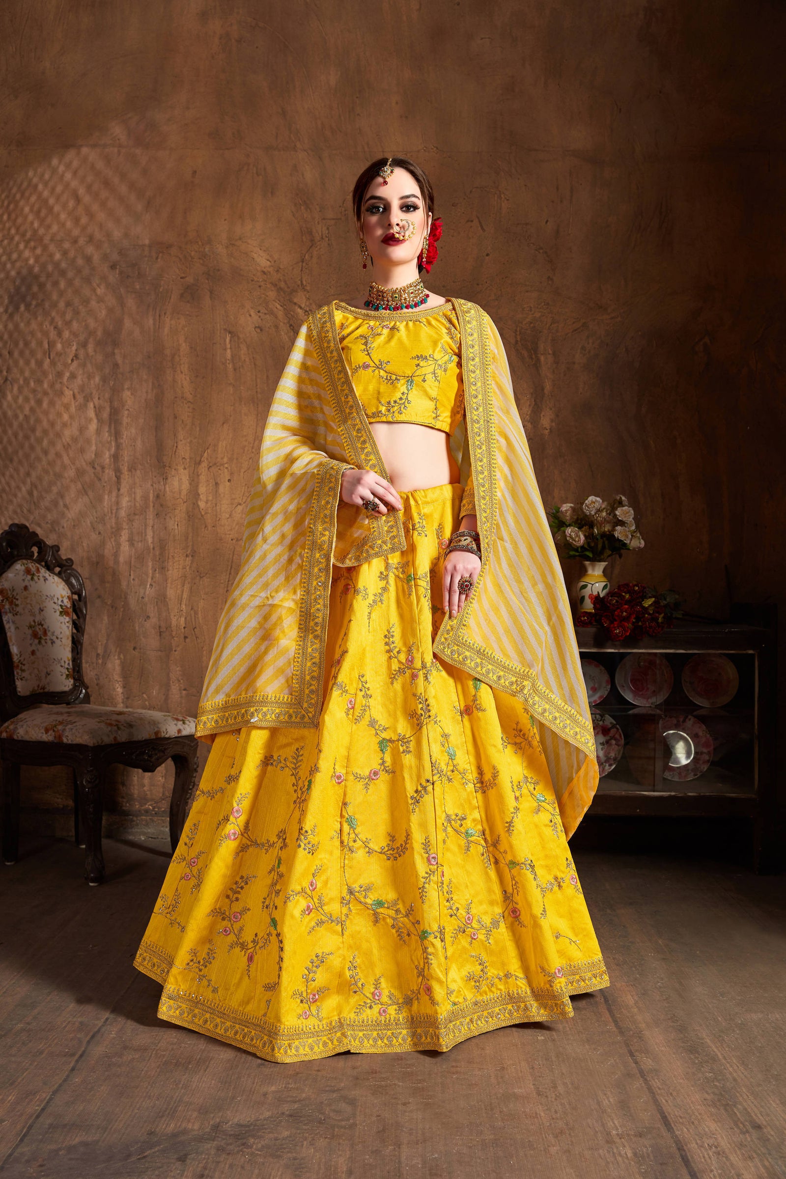Glowing Yellow Thread Embroidery Mulberry Silk Wedding Lehenga Choli ClothsVilla