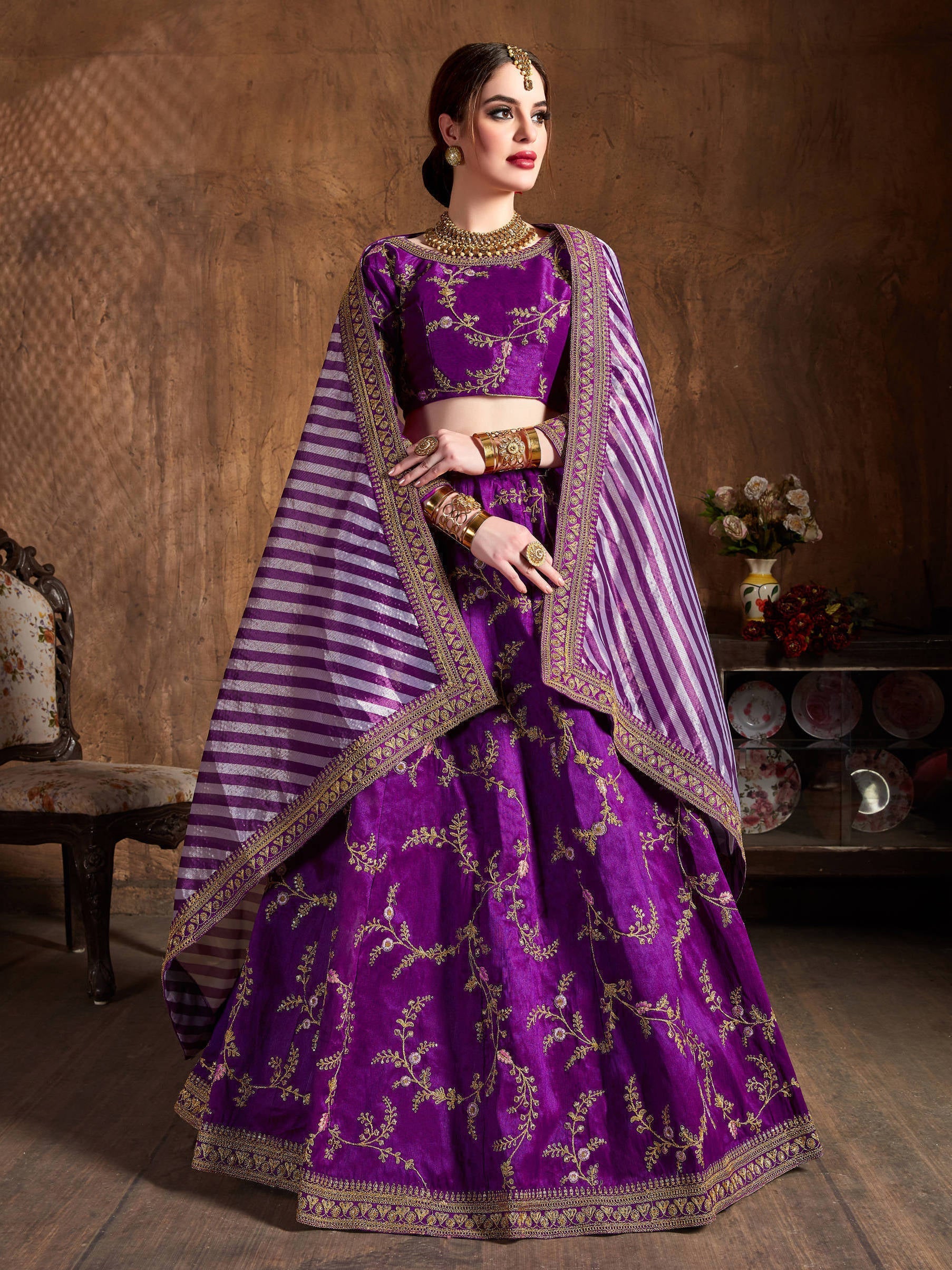 Stunning Purple Thread Embroidery Mulberry Silk Wedding Lehenga Choli ClothsVilla Main image