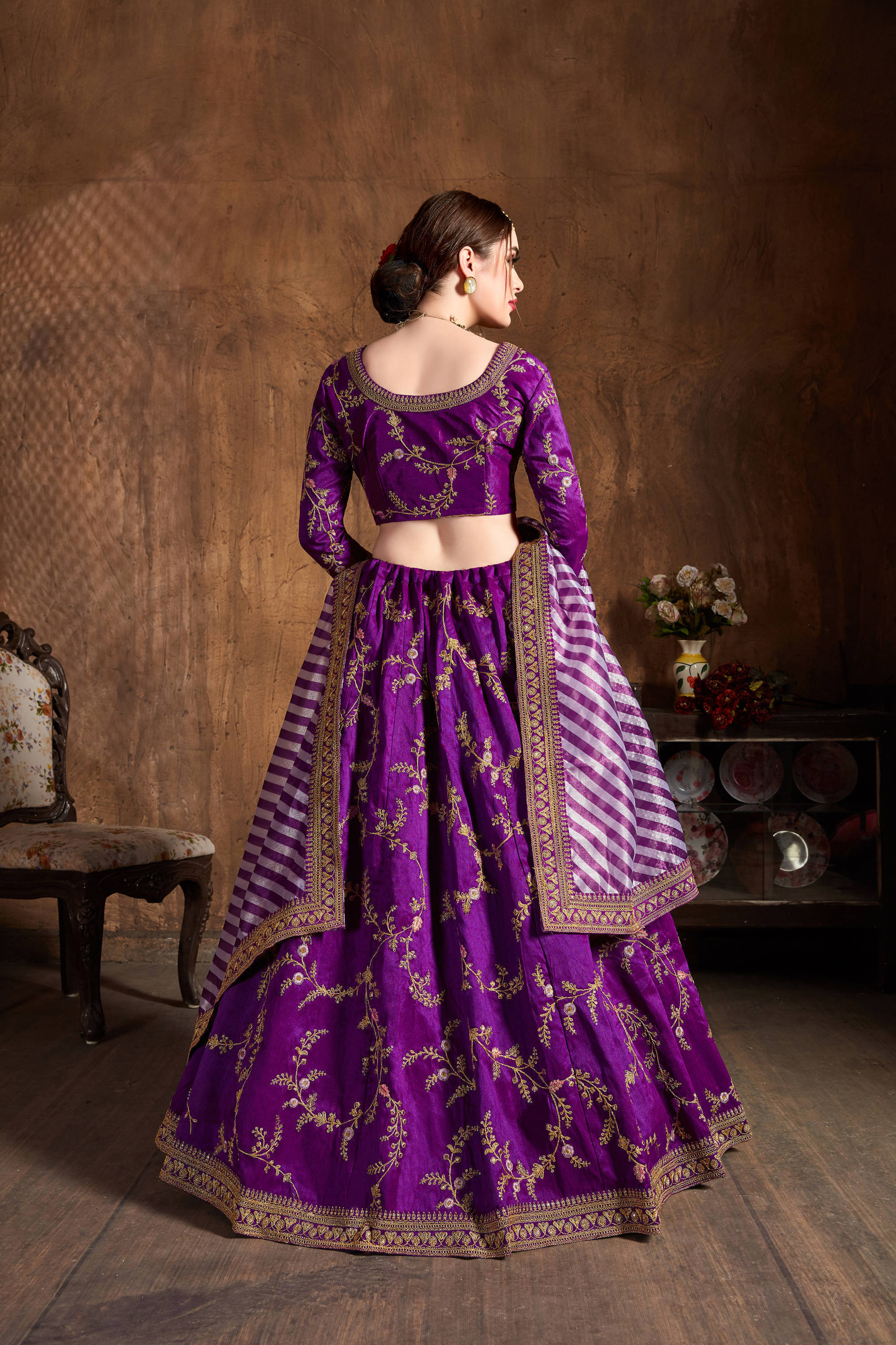 Stunning Purple Thread Embroidery Mulberry Silk Wedding Lehenga Choli Secondary image