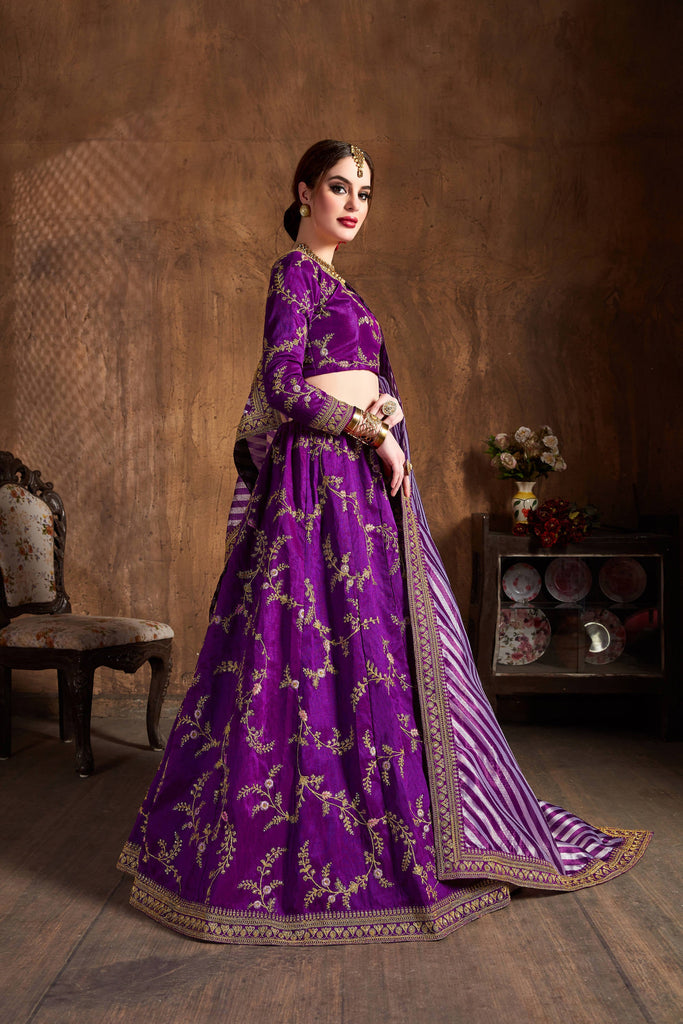 Stunning Purple Thread Embroidery Mulberry Silk Wedding Lehenga Choli ClothsVilla
