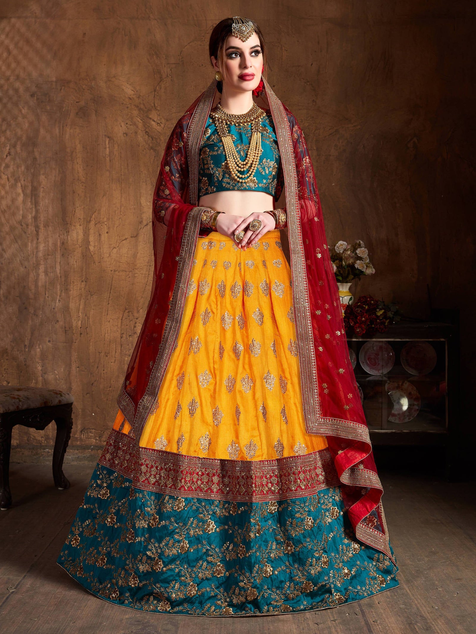 Gleaming Teal Green-Yellow Embroidery Banarasi Silk Wedding Lehenga Choli ClothsVilla