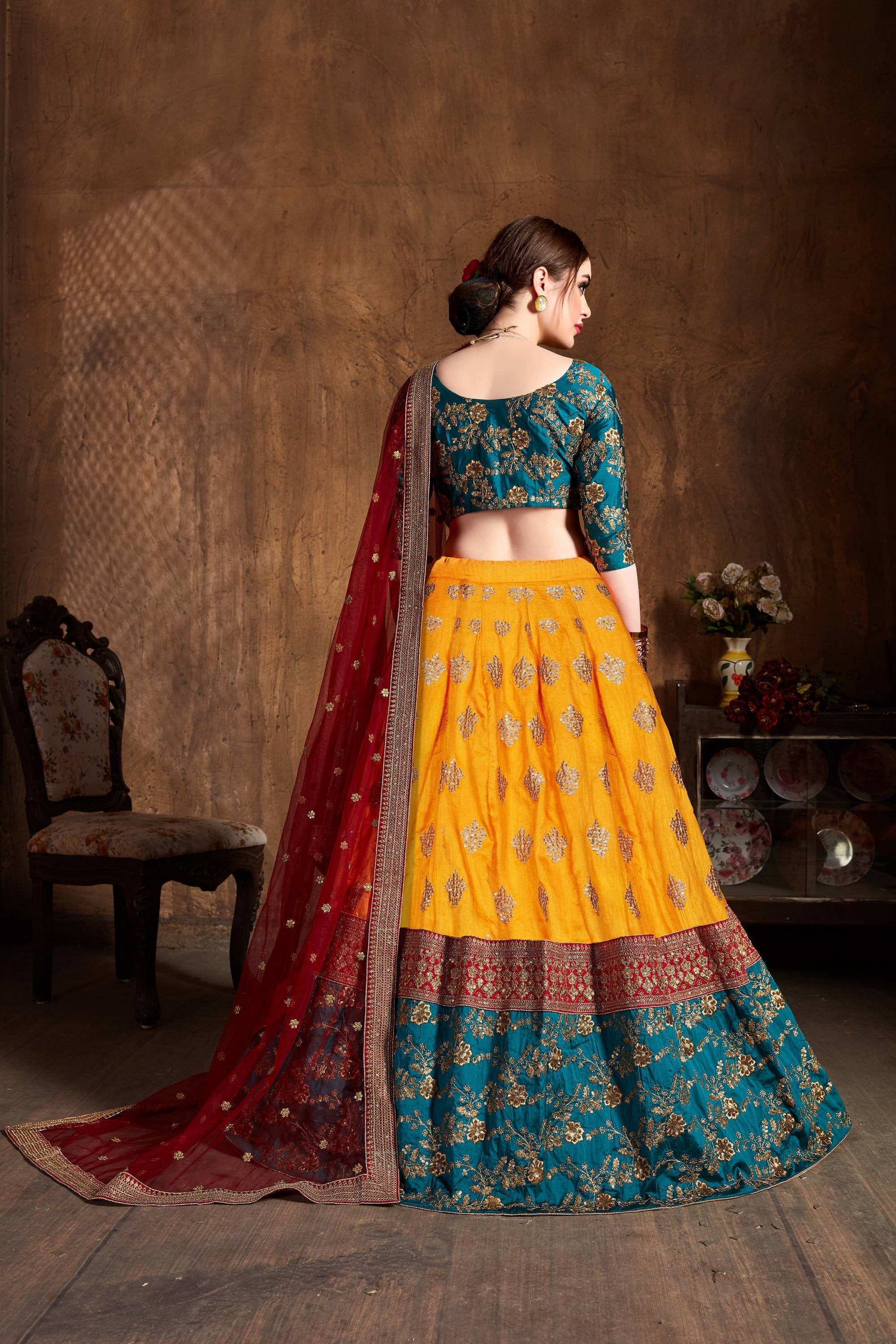 Gleaming Teal Green-Yellow Embroidery Banarasi Silk Wedding Lehenga Choli Secondary image