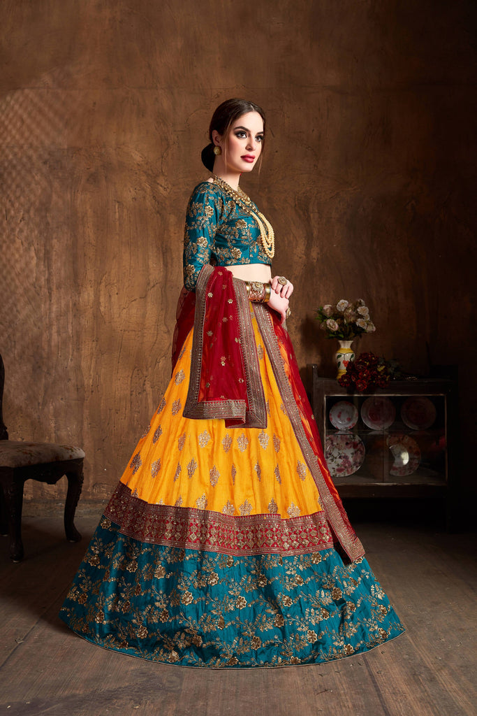 Gleaming Teal Green-Yellow Embroidery Banarasi Silk Wedding Lehenga Choli ClothsVilla