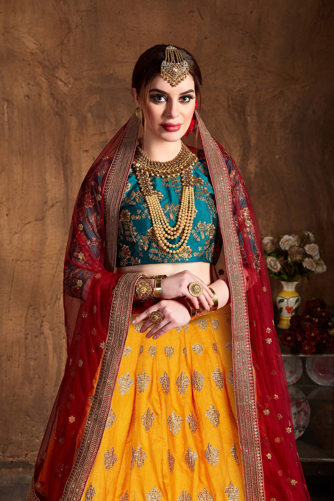 Gleaming Teal Green-Yellow Embroidery Banarasi Silk Wedding Lehenga Choli ClothsVilla