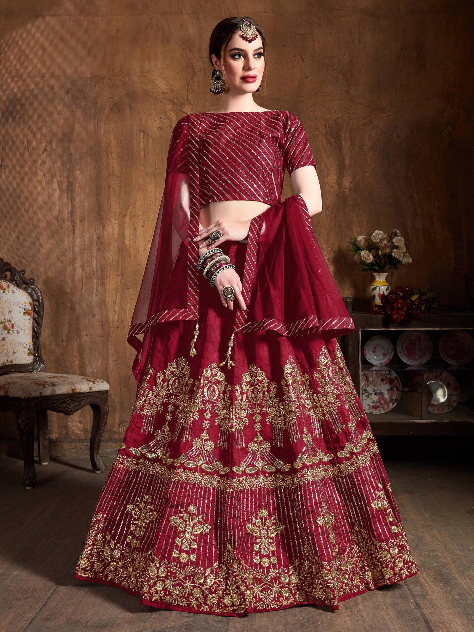 Mesmeric Red Sequins Art Silk Wedding Lehenga Choli ClothsVilla