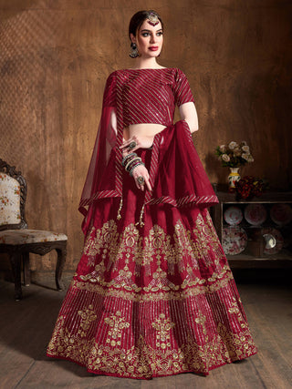 Mesmeric Red Sequins Art Silk Wedding Lehenga Choli ClothsVilla