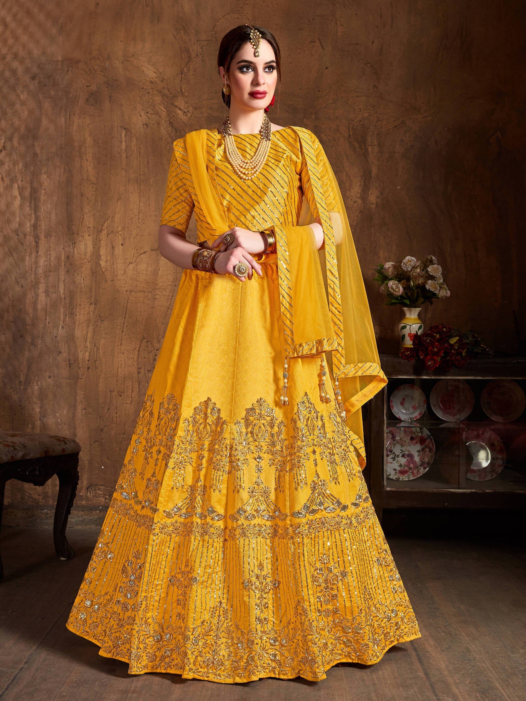 Preferable Yellow Sequins Art Silk Wedding Lehenga Choli ClothsVilla Main image