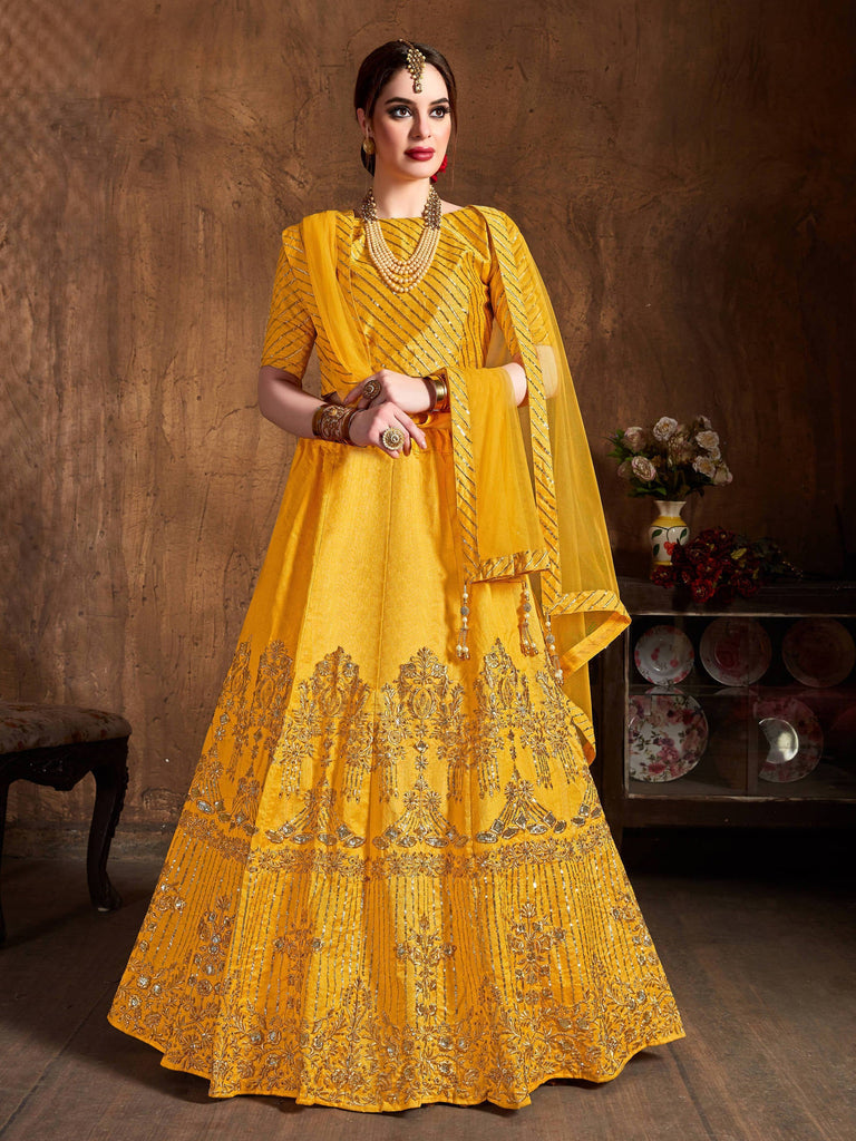 Preferable Yellow Sequins Art Silk Wedding Lehenga Choli ClothsVilla