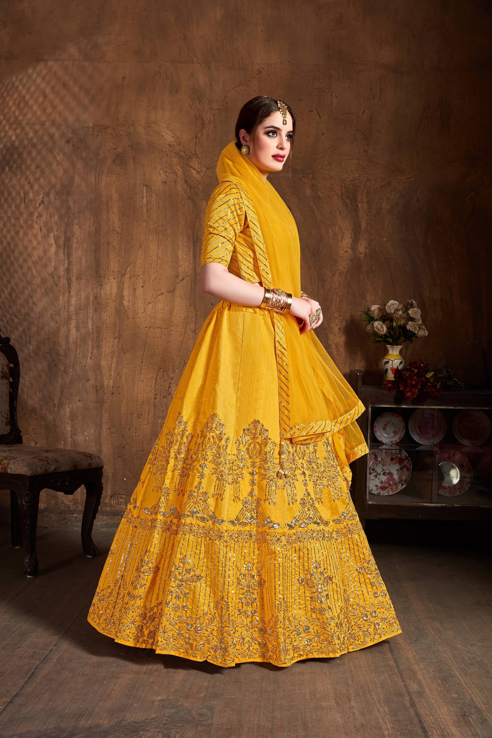 Preferable Yellow Sequins Art Silk Wedding Lehenga Choli ClothsVilla