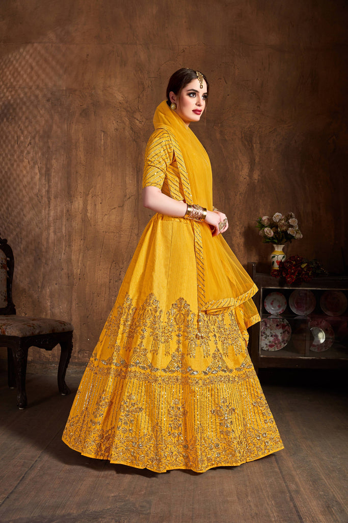 Preferable Yellow Sequins Art Silk Wedding Lehenga Choli ClothsVilla