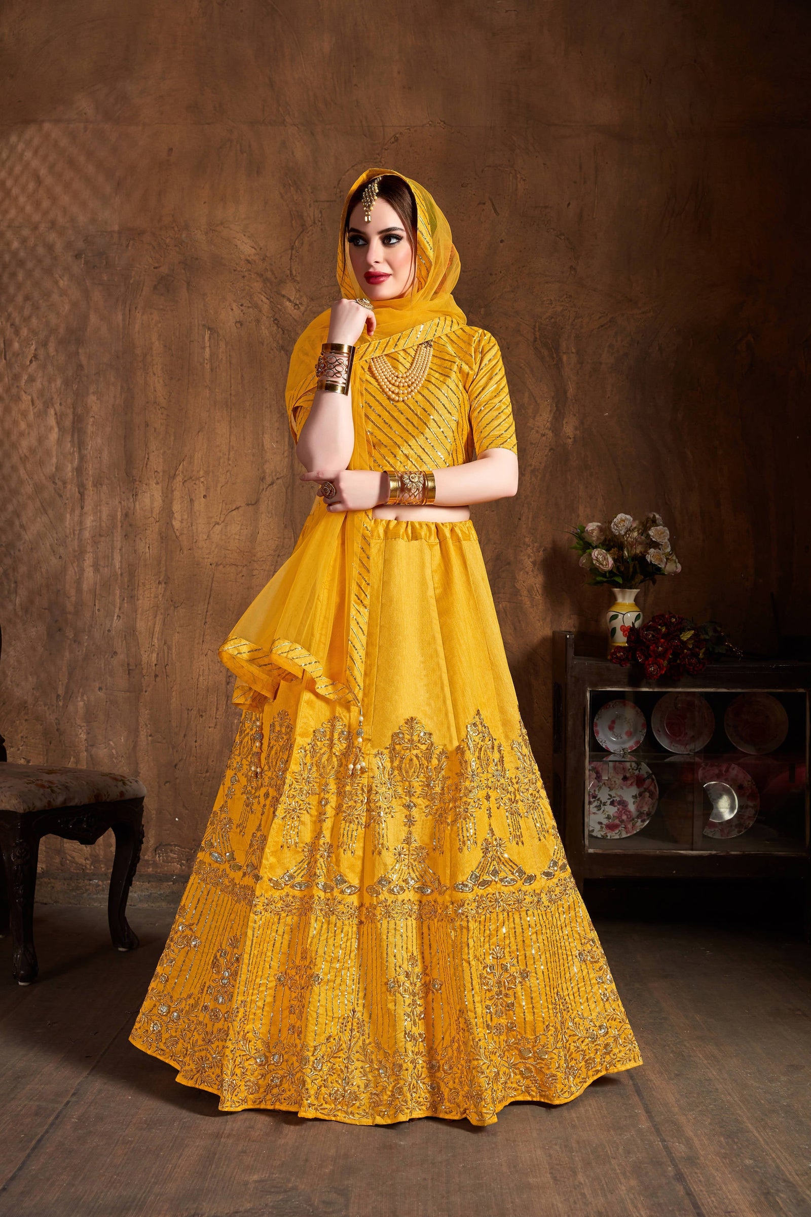 Preferable Yellow Sequins Art Silk Wedding Lehenga Choli ClothsVilla