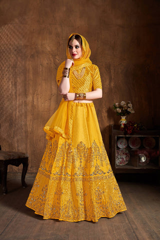 Preferable Yellow Sequins Art Silk Wedding Lehenga Choli ClothsVilla