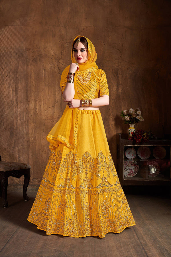 Preferable Yellow Sequins Art Silk Wedding Lehenga Choli ClothsVilla