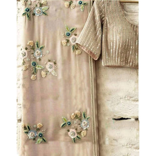 Designer Georgette Beige Color Saree with Resham Sequence Pearl Work ClothsVilla