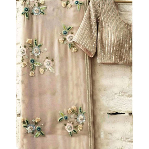 Designer Georgette Beige Color Saree with Resham Sequence Pearl Work ClothsVilla Main image