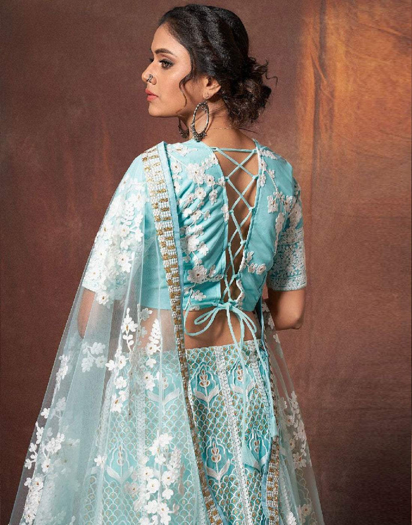 Lehenga Choli in Baby Blue Color with Soft Net Fabrics, Resham, and Sequence Work ClothsVilla