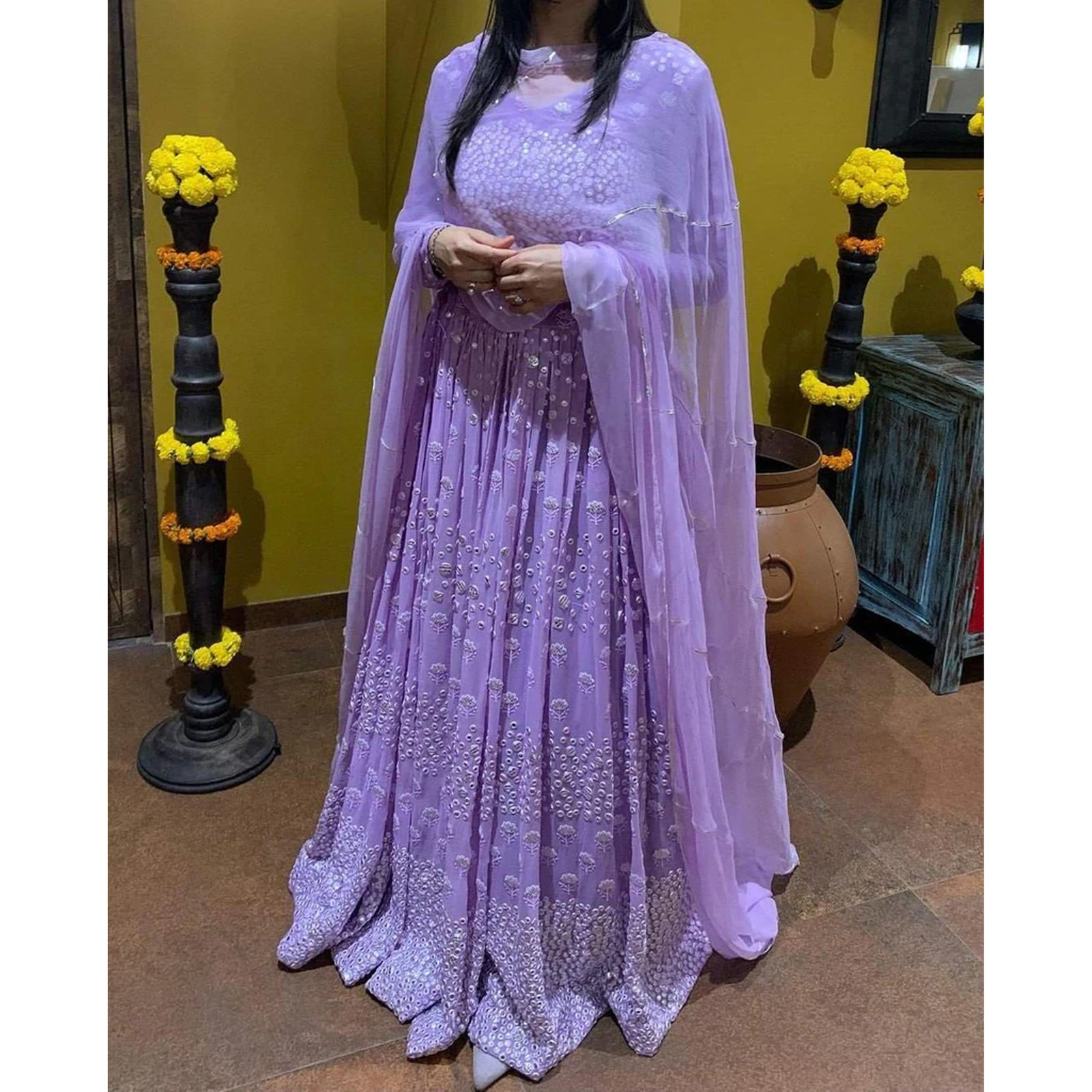 Designer Georgette Lehenga Choli with Mirror Work and Embroidery ClothsVilla