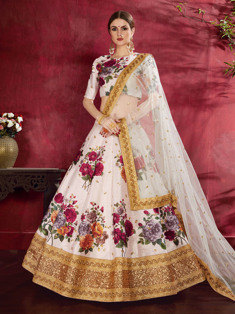 Amazing Off-White Floral Printed Banglory Silk Wedding Lehenga Choli ClothsVilla Main image